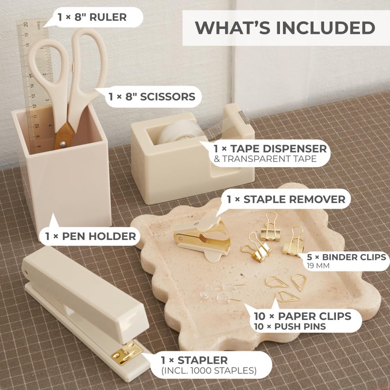 KIBAGA Aesthetic Desk Accessories Set - A Complete Desktop Organizer Set For Women Enhances Any Office Decor - An Office Supplies Kit w Gold Finish incl. Pen Holder, Scissors, Stapler, Tape Dispenser & More - Image 4