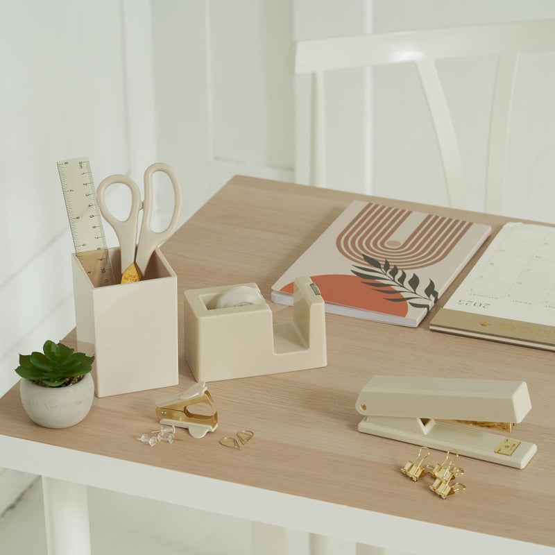KIBAGA Aesthetic Desk Accessories Set - A Complete Desktop Organizer Set For Women Enhances Any Office Decor - An Office Supplies Kit w Gold Finish incl. Pen Holder, Scissors, Stapler, Tape Dispenser & More - Image 2
