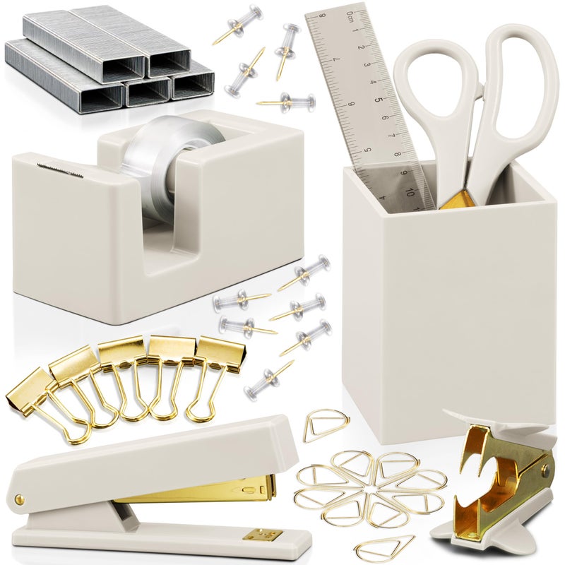 KIBAGA Aesthetic Desk Accessories Set - A Complete Desktop Organizer Set For Women Enhances Any Office Decor - An Office Supplies Kit w Gold Finish incl. Pen Holder, Scissors, Stapler, Tape Dispenser & More - Image 1
