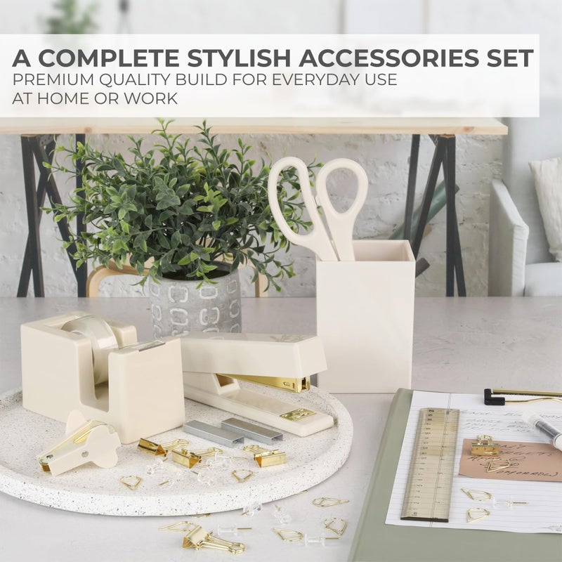 KIBAGA Aesthetic Desk Accessories Set - A Complete Desktop Organizer Set For Women Enhances Any Office Decor - An Office Supplies Kit w Gold Finish incl. Pen Holder, Scissors, Stapler, Tape Dispenser & More - Image 3