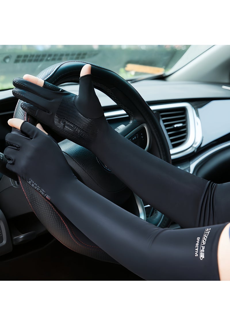 Generic Men's Sun Protection Arm Sleeves Hand Gloves, Driving Gloves, Integrated Arm Sleeves and Gloves, Summer Ice Silk UV Protection Arm Sleeves, Ideal for Cycling, Golf, Driving, Hiking (Black)  - Image 2
