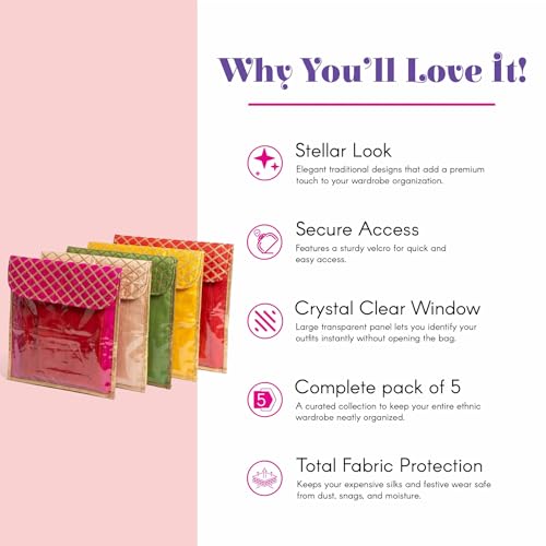LoveNspire 5 Assorted Gotta Patti Saree Bags Lehnga Cover Clothes Organizer Sari Storage Bag for Wardrobe and Gifting Storage Indian Wedding Favor Cloth Case Birthday - Image 3