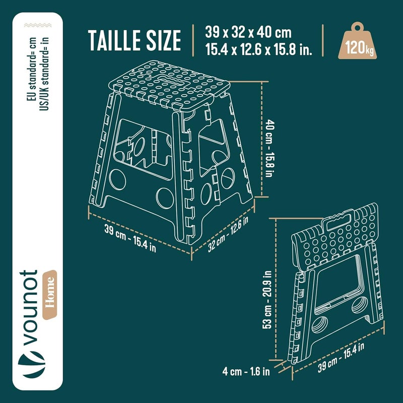 VOUNOT مقعد قابل للطي ®، مقعد خطوة غير قابل للانزلاق مع مقبض حمل، مقعد خطوة قابل للطي محمول للحمام والمطبخ والحديقة والتخييم، 39 × 32 × 40 سم، رمادي - Image 3