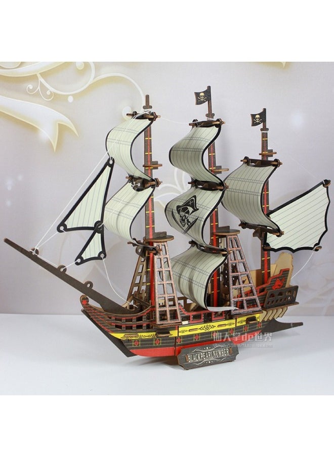Wooden Sailing Ship Model Assembled Smooth Sailing Diy Handmade Artificial Building Blocks Production Materials Stereo Puzzle Toys-Color:Navy Blue Feilong (laser Version)  - Image 2