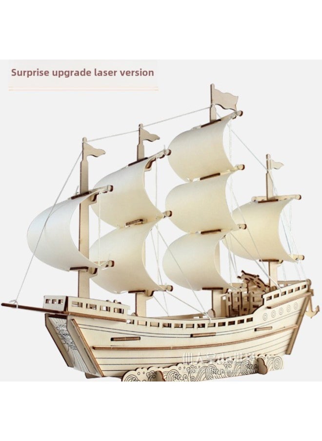 Wooden Sailing Ship Model Assembled Smooth Sailing Diy Handmade Artificial Building Blocks Production Materials Stereo Puzzle Toys-Color:Navy Blue Feilong (laser Version)  - Image 4