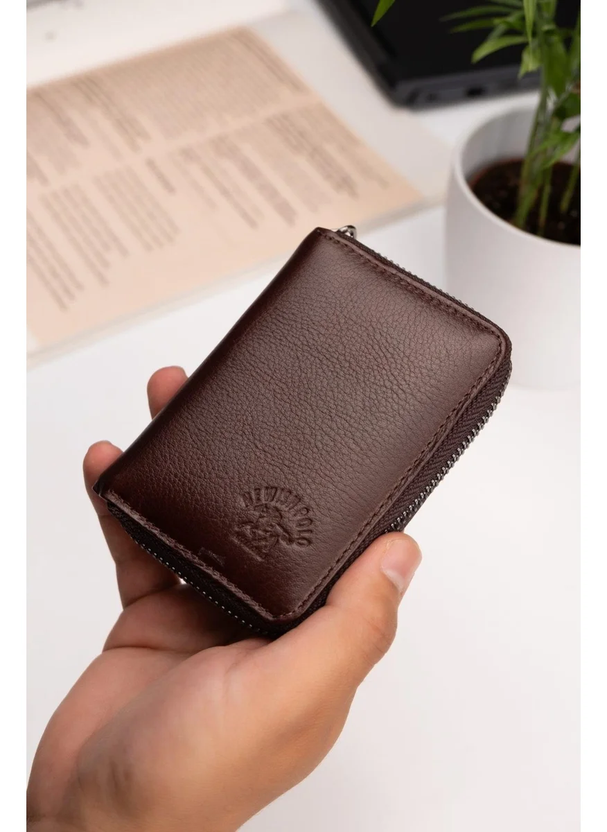Newish Polo Brown Zippered Genuine Leather Vertical Card Holder Wallet