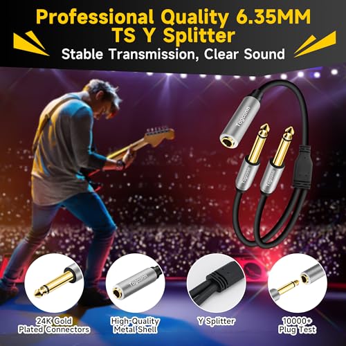 Togconn 2-Pack 1/4 inch TS Mono Splitter Y Adapter, 6.35mm Mono Female to Dual 6.35 mm TS Mono Male Jack, Quarter inch Audio Speaker Splitter Converter Cable 1 Feet, Gold Plated Connectors - Image 2