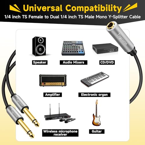 Togconn 2-Pack 1/4 inch TS Mono Splitter Y Adapter, 6.35mm Mono Female to Dual 6.35 mm TS Mono Male Jack, Quarter inch Audio Speaker Splitter Converter Cable 1 Feet, Gold Plated Connectors - Image 5