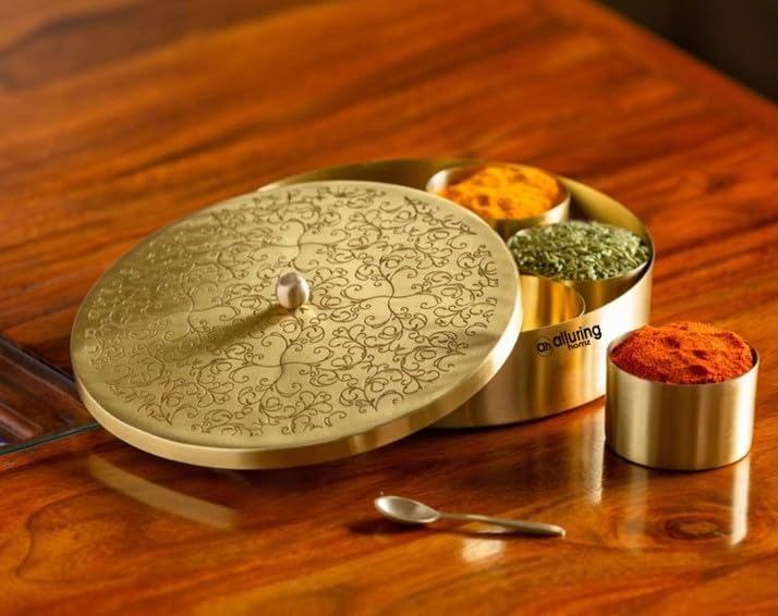 Alluring Homz Handcrafted Brass Masala Box For KitchenBrass Spice BoxBrass UtensilsMasala DaniMasala Box Species Container With 7 Brass Containers For Kitchen 7 ContainersSizes 18 Cm 40 ML