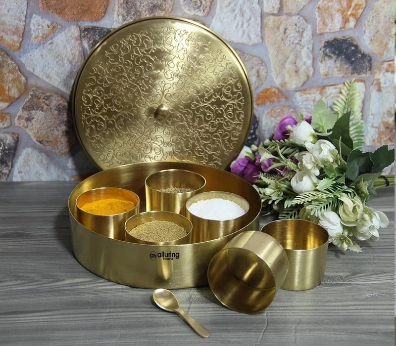 Alluring Homz Handcrafted Brass Masala Box For KitchenBrass Spice BoxBrass UtensilsMasala DaniMasala Box Species Container With 7 Brass Containers For Kitchen 7 ContainersSizes 18 Cm 40 ML