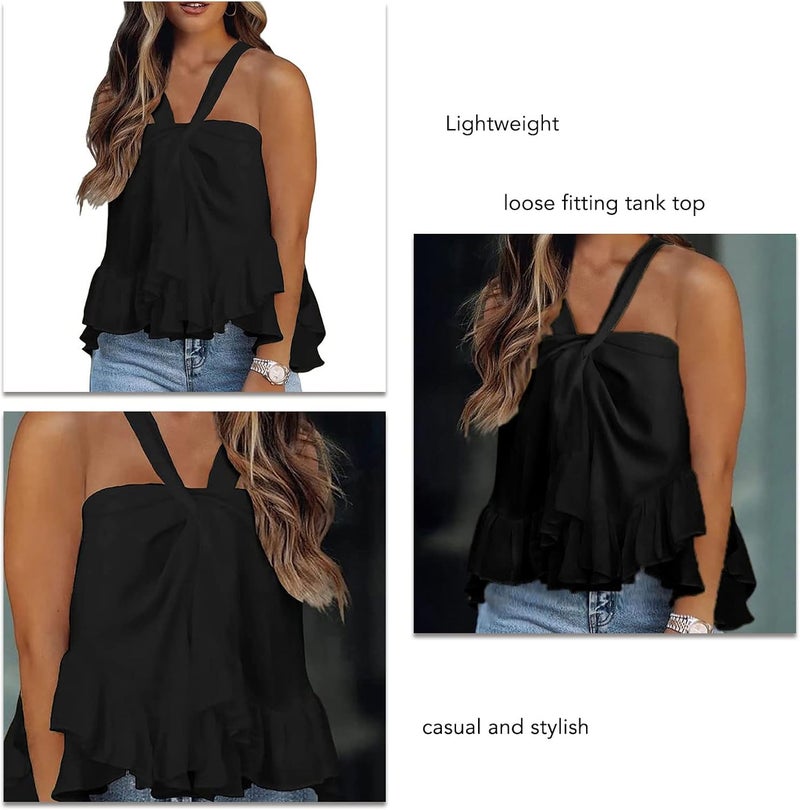 كلاراكو بلوزة نسائية بدون أكمام بياقة على شكل هالتر وحاشية واسعة مكشكشة وقميص صيفي كاجوال فضفاض بقصة سادة بلوزة بدون أكمام فضفاضة - Image 2