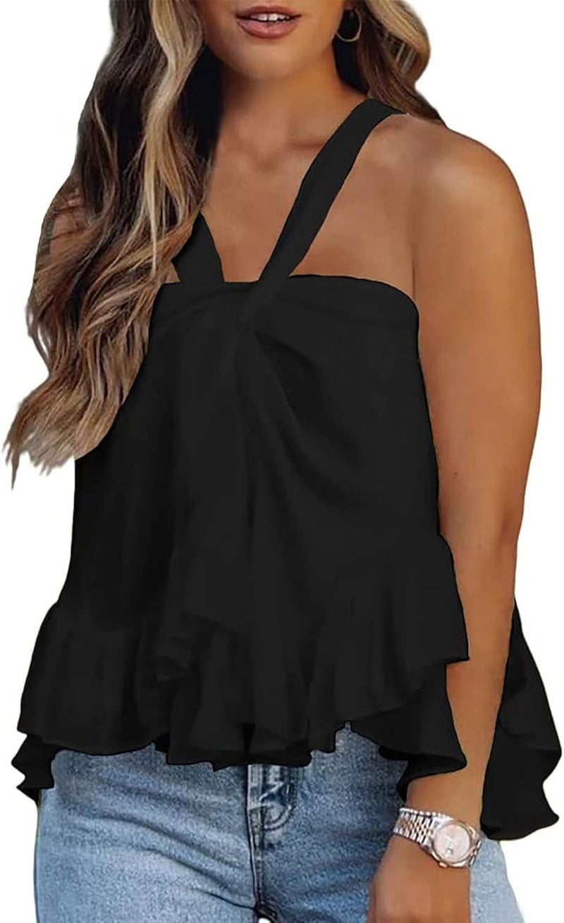 كلاراكو بلوزة نسائية بدون أكمام بياقة على شكل هالتر وحاشية واسعة مكشكشة وقميص صيفي كاجوال فضفاض بقصة سادة بلوزة بدون أكمام فضفاضة - Image 1