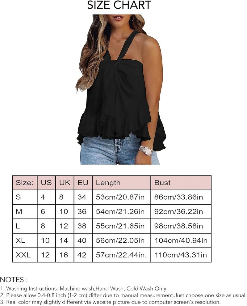 كلاراكو بلوزة نسائية بدون أكمام بياقة على شكل هالتر وحاشية واسعة مكشكشة وقميص صيفي كاجوال فضفاض بقصة سادة بلوزة بدون أكمام فضفاضة - Image 3