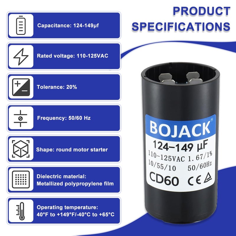 BOJACK 124-149 Uf/Mfd 110-125 Vac Voltes 50/60Hz Universal Round Start Capacitor Electrical Replacement - Image 3