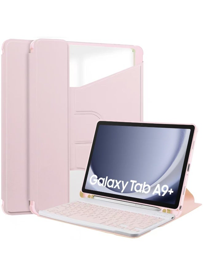 Samsung Galaxy Tab A9 Plus/A9+ 5G 11 Inch 2023 Model (SM-X210/X216/X218)، غطاء حامل نحيف وخفيف مع لوحة مفاتيح بلوتوث لاسلكية قابلة للفصل مغناطيسيًا، أسود (وردي) - Image 1