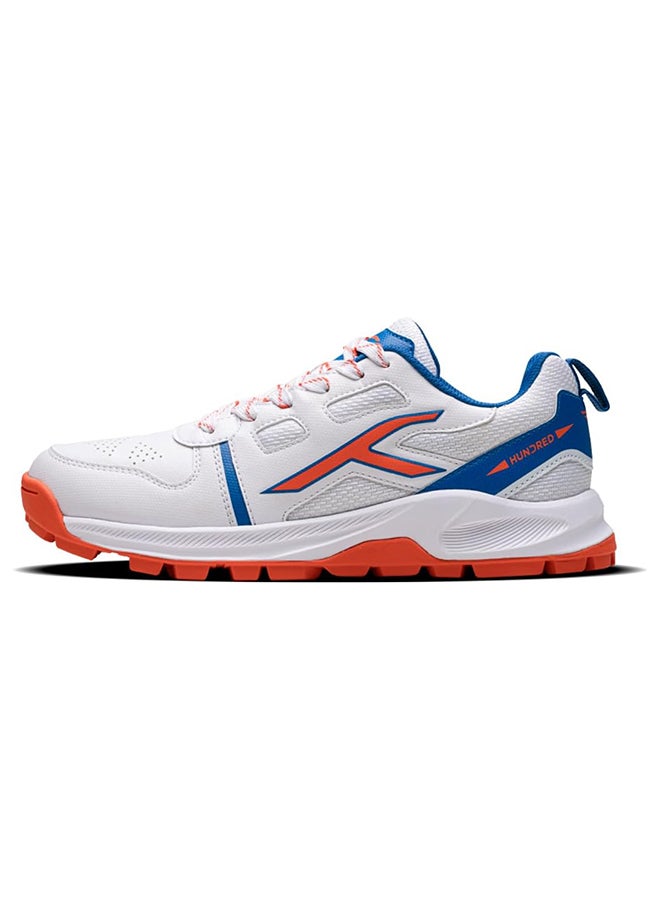 HUNDRED HyperTurf Cricket Shoes | TerraSpike Rubber Studs | Embedded Support Plate for Stability | Lightweight & Durable | Ideal for Turf, Ground & Hard Surfaces (White/Blue/Orange ; UK 10) - Image 1