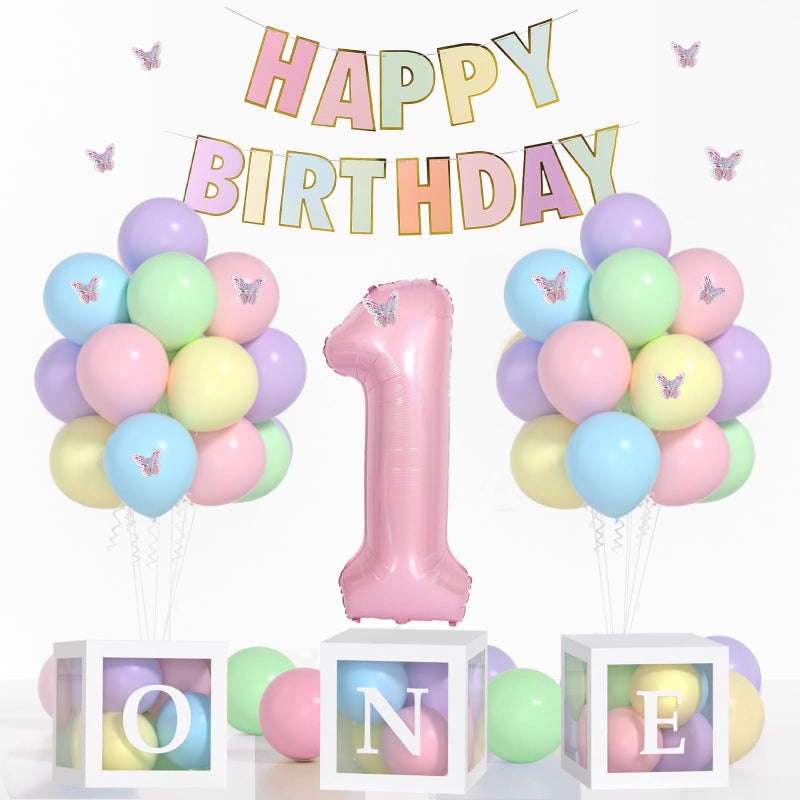 Yumiche First Birthday Decorations For Girl40 Inch Pink 1 NumberPastel HAPPY BIRTHDAY Banner Pastel Balloons And One Balloon Boxes for one year old birthday decorations - Image 2
