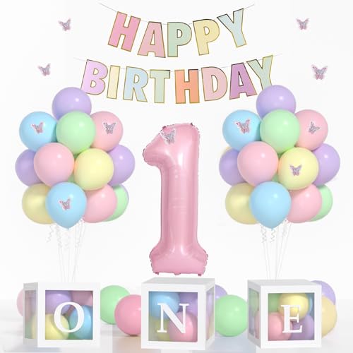 Yumiche First Birthday Decorations For Girl40 Inch Pink 1 NumberPastel HAPPY BIRTHDAY Banner Pastel Balloons And One Balloon Boxes for one year old birthday decorations - Image 1