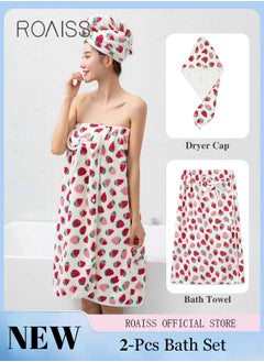 roaiss 2 Pcs Cute Bath Set for Women 1 Coral Fleece Bath Towel Wrap Dress with Bow and 1 Super Absorption Hair Drying Cap Sets Thickening Tube Top Bath Skirt and Towel Hat Suit with Cute Strawberry Print  - Image 1