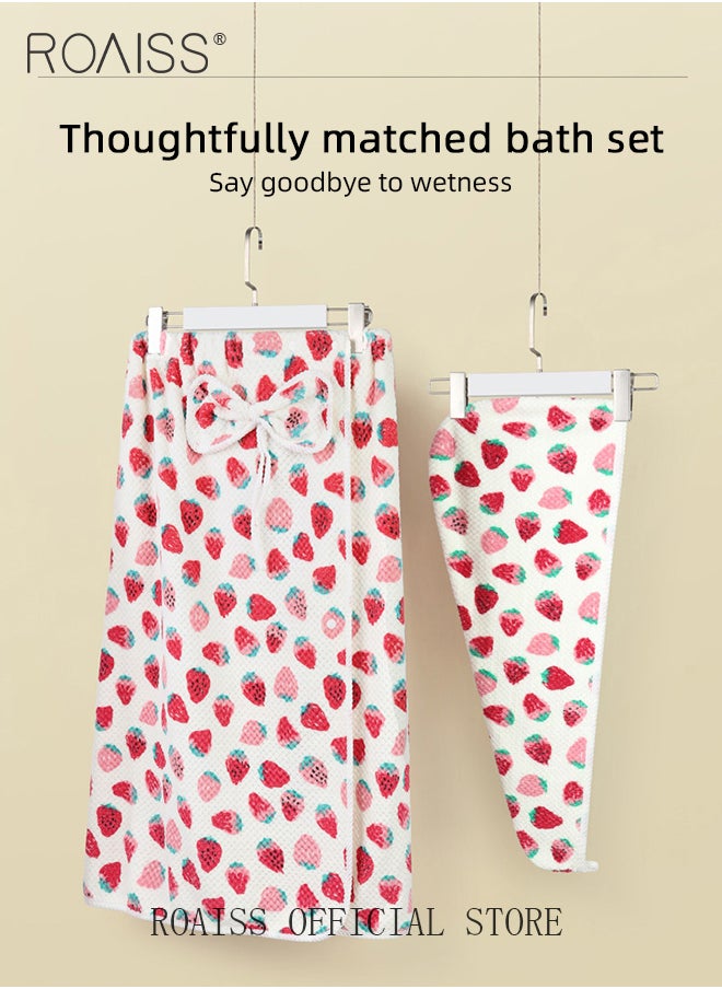 2 Pcs Cute Bath Set for Women 1 Coral Fleece Bath Towel Wrap Dress with Bow and 1 Super Absorption Hair Drying Cap Sets Thickening Tube Top Bath Skirt and Towel Hat Suit with Cute Strawberry Print