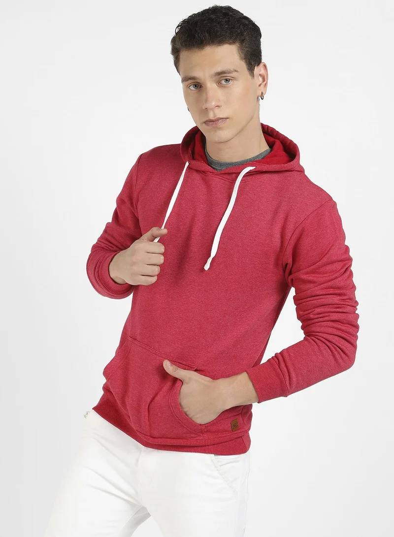 Campus Sutra Men's Red Pullover Hoodie With Contrast Drawstring