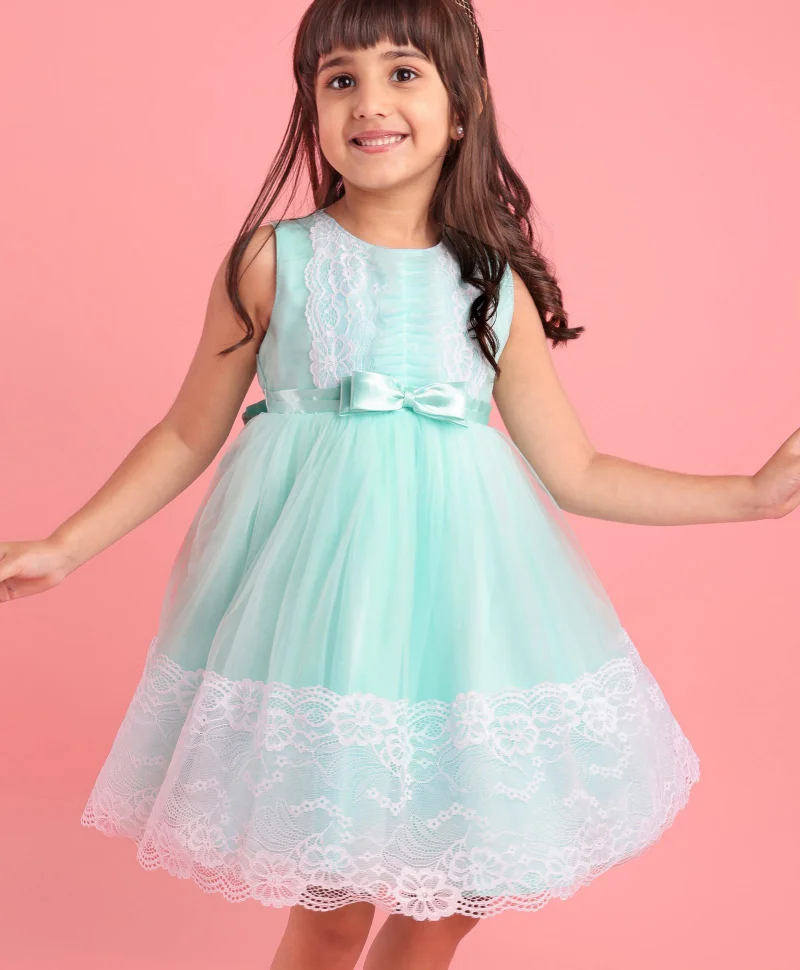 babyhug Babyhug Sleeveless Party Wear Lace Frock with Bow - Mint