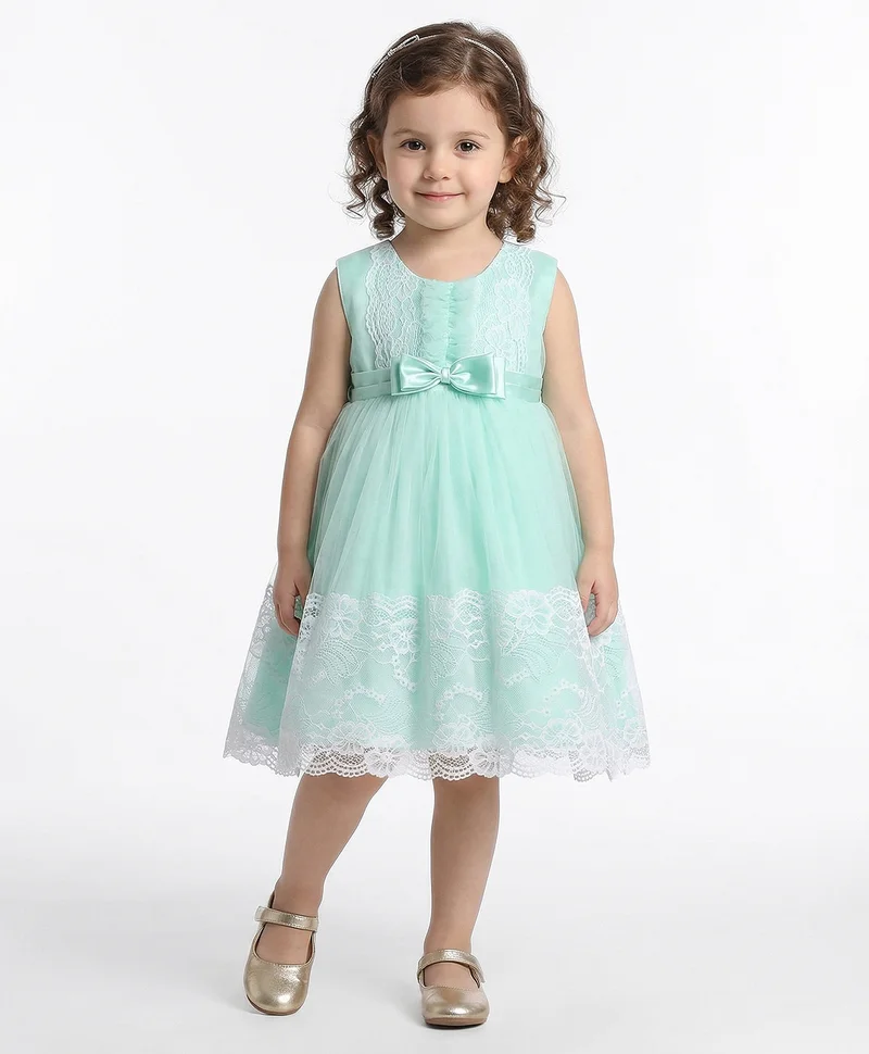 babyhug Babyhug Sleeveless Party Wear Lace Frock with Bow - Mint