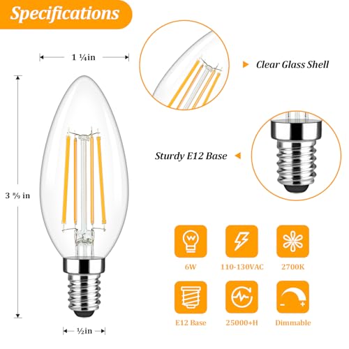 Brightever Dimmable Candelabra E12 LED Light Bulbs 60W Equivalent 5Pack B10 6W Chandelier Light Bulbs 620Lm 2700K Warm White Candle Lightbulbs for Wall Sconce Clear Glass - Image 3