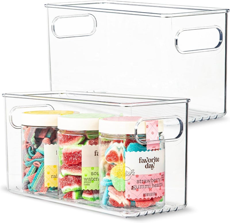 PrimeBox Plastic Food Storage 2 Pack Clear Container Bin with Handles for Organizing Kitchen, Pantry, Refrigerator, Freezer, Pantry, Cabinet, Closet, Bathroom. 10”x4”x5” - Image 1