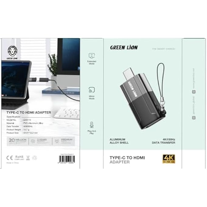 GREEN LION TYPE-C TO HDMI ADAPTER, PVC+ ALUMINUM ALLOY MATERIAL, PLUG AND PLAY,EXTENDED MODE, SUPPORTS 4K RESOLUTION, MIRROR MODE - GRAY - Image 2