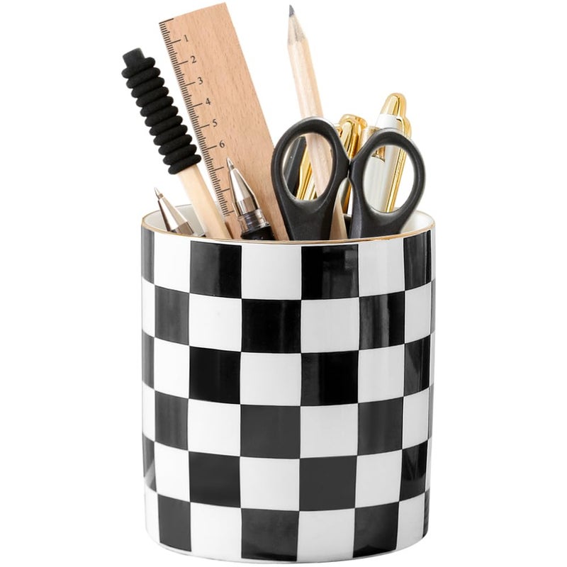 YOSCO Ceramic Checkered Pen Holder For Desk Cute Stand Gold Line Pencil Cup Pot Desk Organizer Makeup Brush Holder for Girls,Women (Black-white) - Image 1