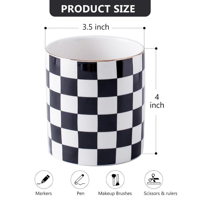 YOSCO Ceramic Checkered Pen Holder For Desk Cute Stand Gold Line Pencil Cup Pot Desk Organizer Makeup Brush Holder for Girls,Women (Black-white) - Image 5