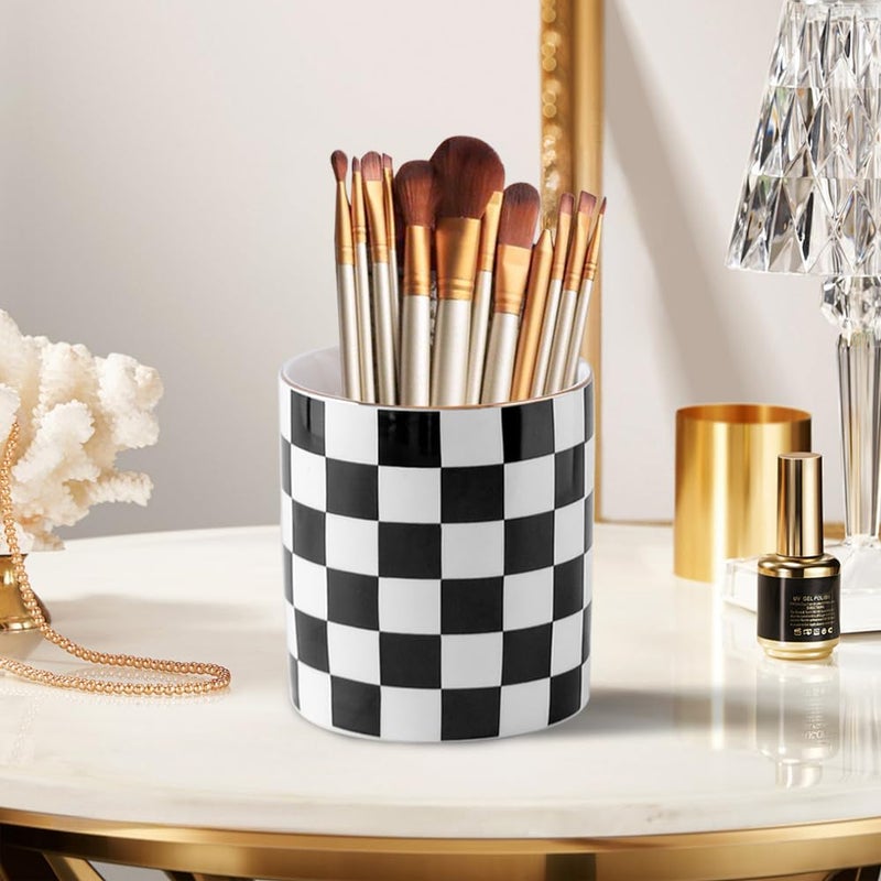 YOSCO Ceramic Checkered Pen Holder For Desk Cute Stand Gold Line Pencil Cup Pot Desk Organizer Makeup Brush Holder for Girls,Women (Black-white) - Image 3