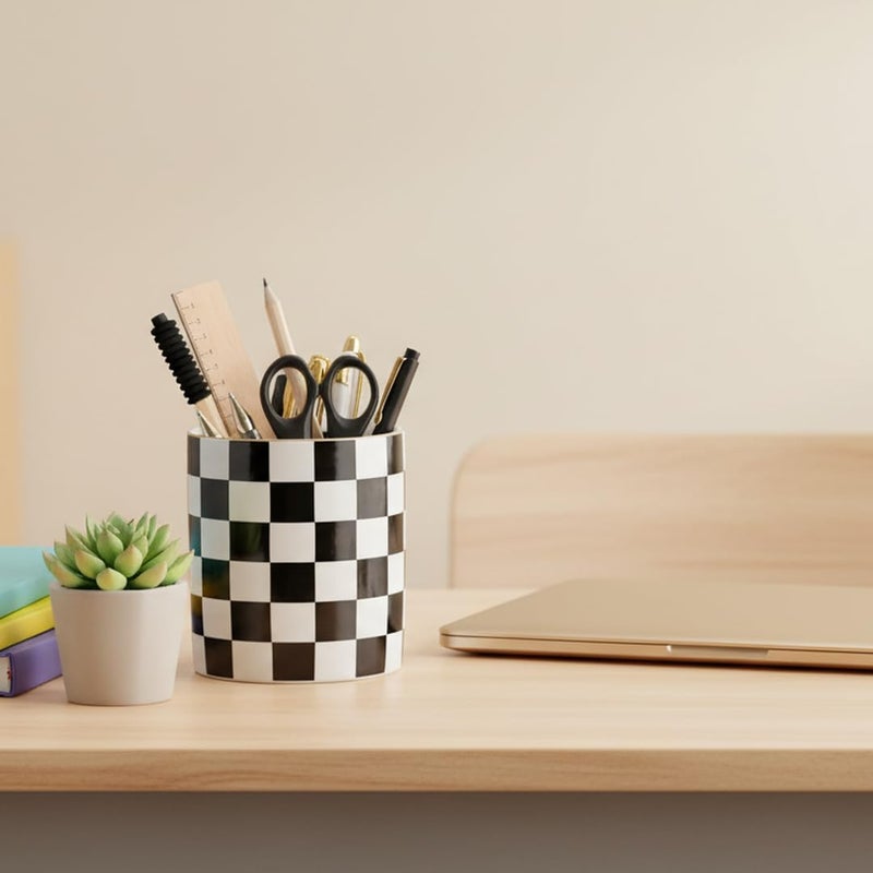 YOSCO Ceramic Checkered Pen Holder For Desk Cute Stand Gold Line Pencil Cup Pot Desk Organizer Makeup Brush Holder for Girls,Women (Black-white) - Image 2