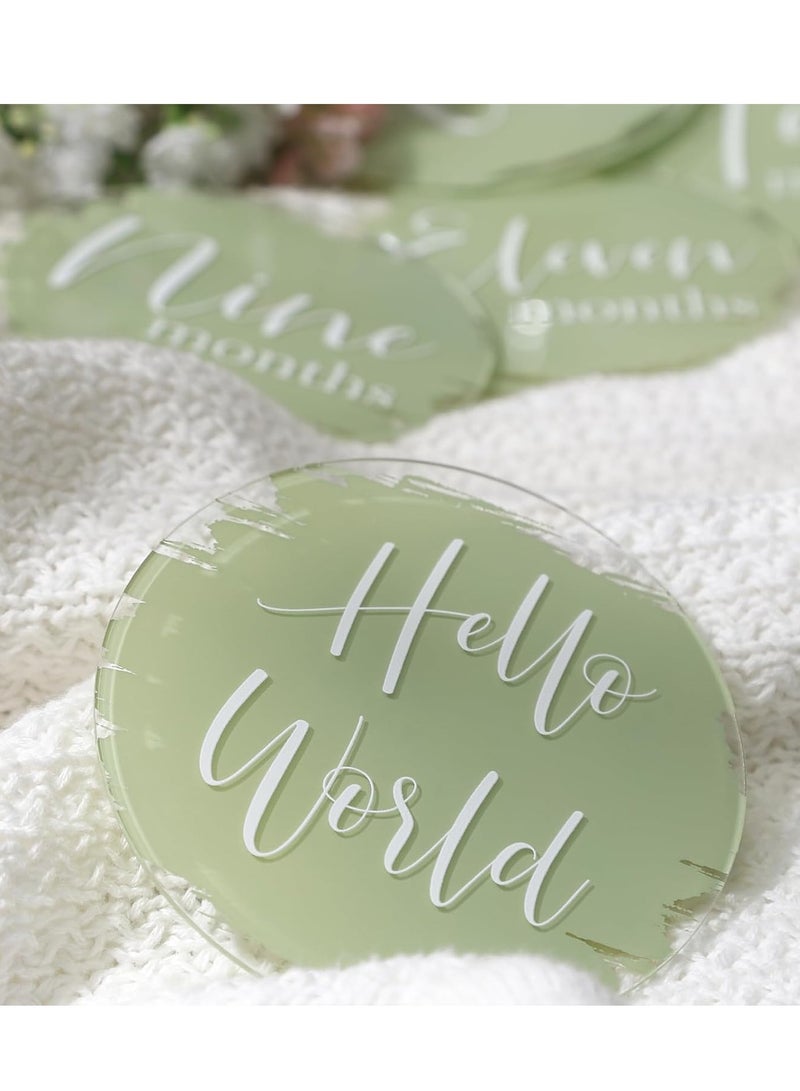 Maxsafe 13Pcs 4'' Baby Monthly Milestone Cards with Printed Sage Green, Photo Props Discs, Round Baby Months Growth Sign for Boy, Girl, One Month to One Year & Hello World Card, New Baby Gifts - Image 1