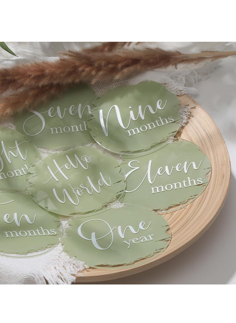 Maxsafe 13Pcs 4'' Baby Monthly Milestone Cards with Printed Sage Green, Photo Props Discs, Round Baby Months Growth Sign for Boy, Girl, One Month to One Year & Hello World Card, New Baby Gifts - Image 3
