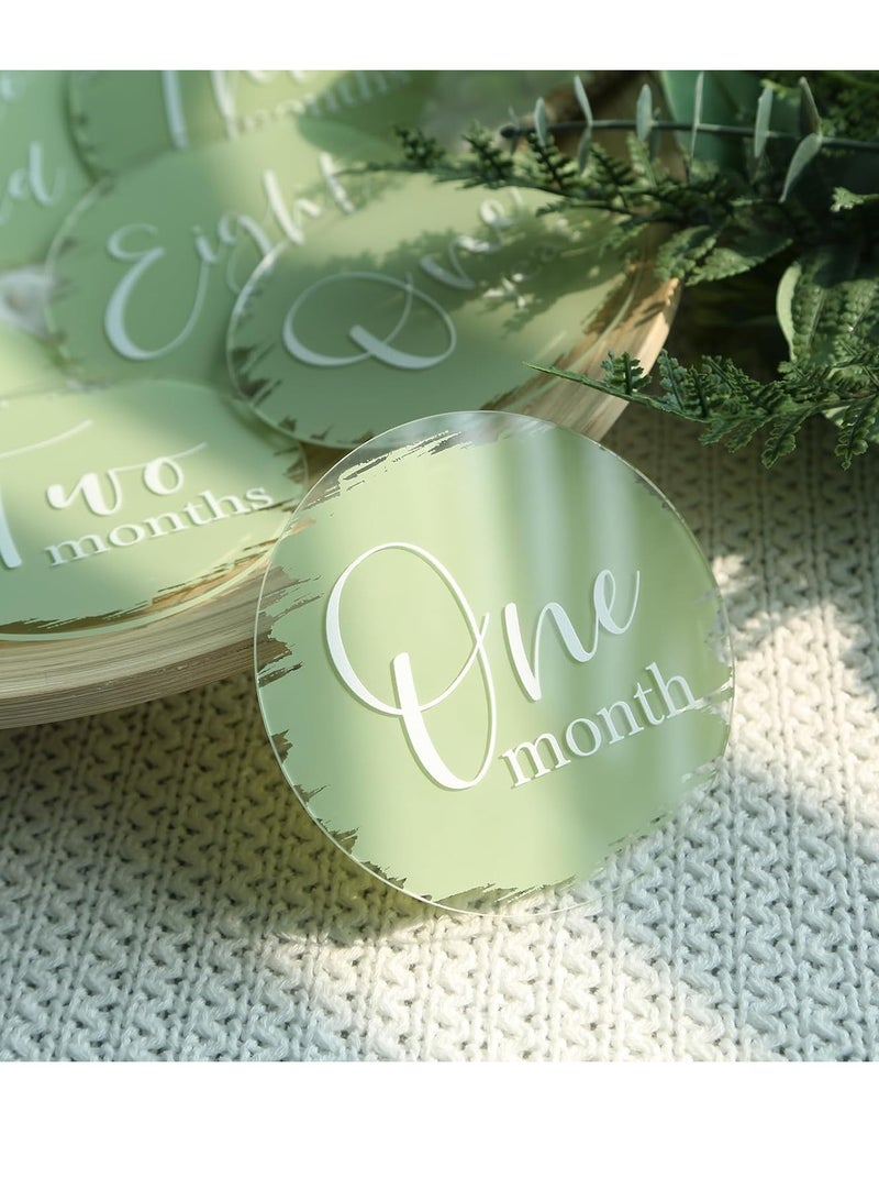 Maxsafe 13Pcs 4'' Baby Monthly Milestone Cards with Printed Sage Green, Photo Props Discs, Round Baby Months Growth Sign for Boy, Girl, One Month to One Year & Hello World Card, New Baby Gifts - Image 4