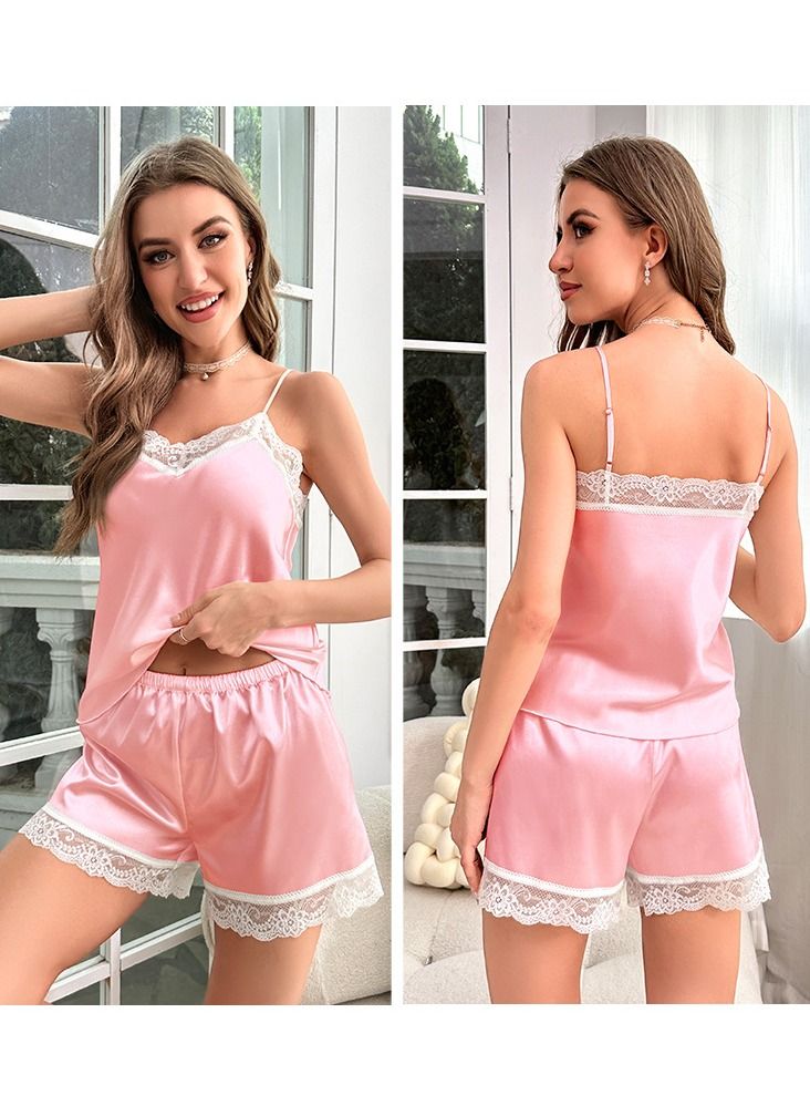 Loquat Women's Lace Stitching 2-Piece Set Nightgown Sleepwear Camisole Top And Shorts Soft Loungewear Pajamas  Suit Pink/White  - Image 2