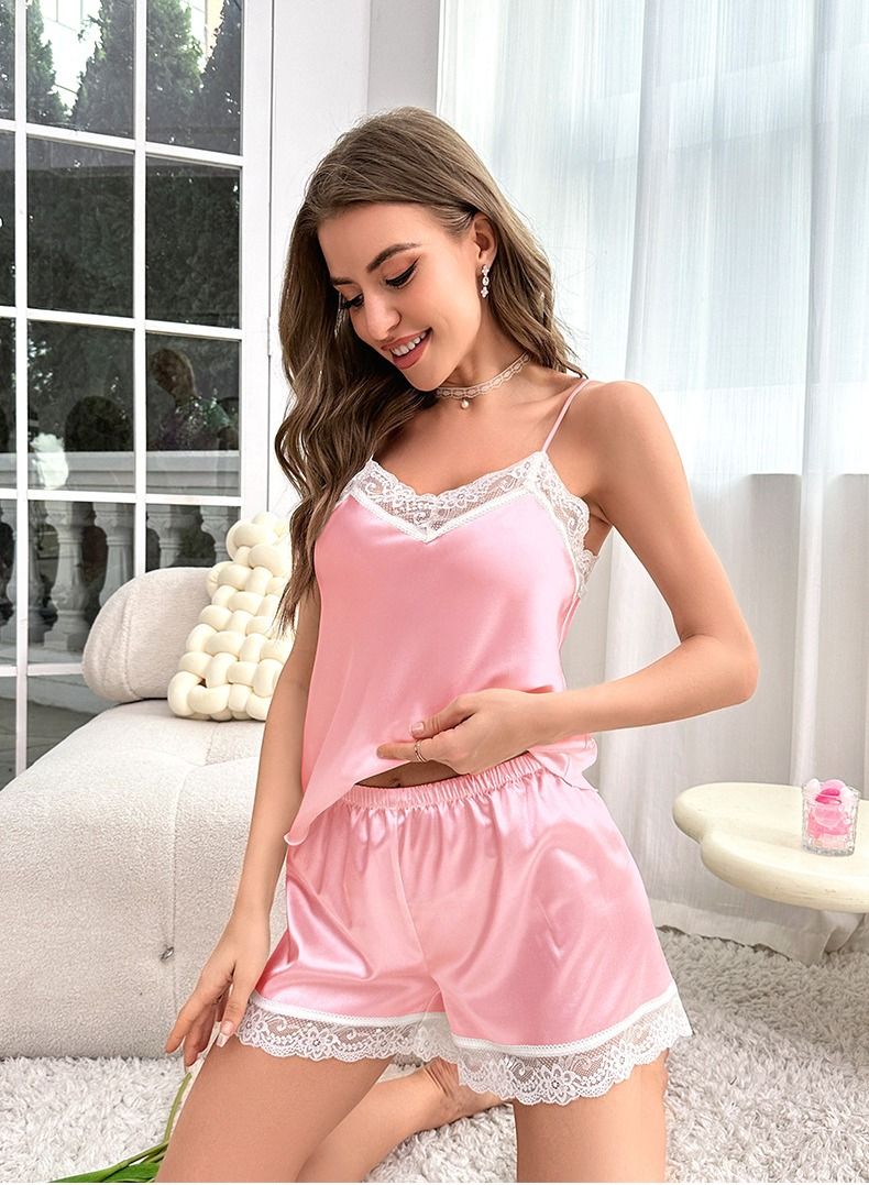 Loquat Women's Lace Stitching 2-Piece Set Nightgown Sleepwear Camisole Top And Shorts Soft Loungewear Pajamas  Suit Pink/White  - Image 1