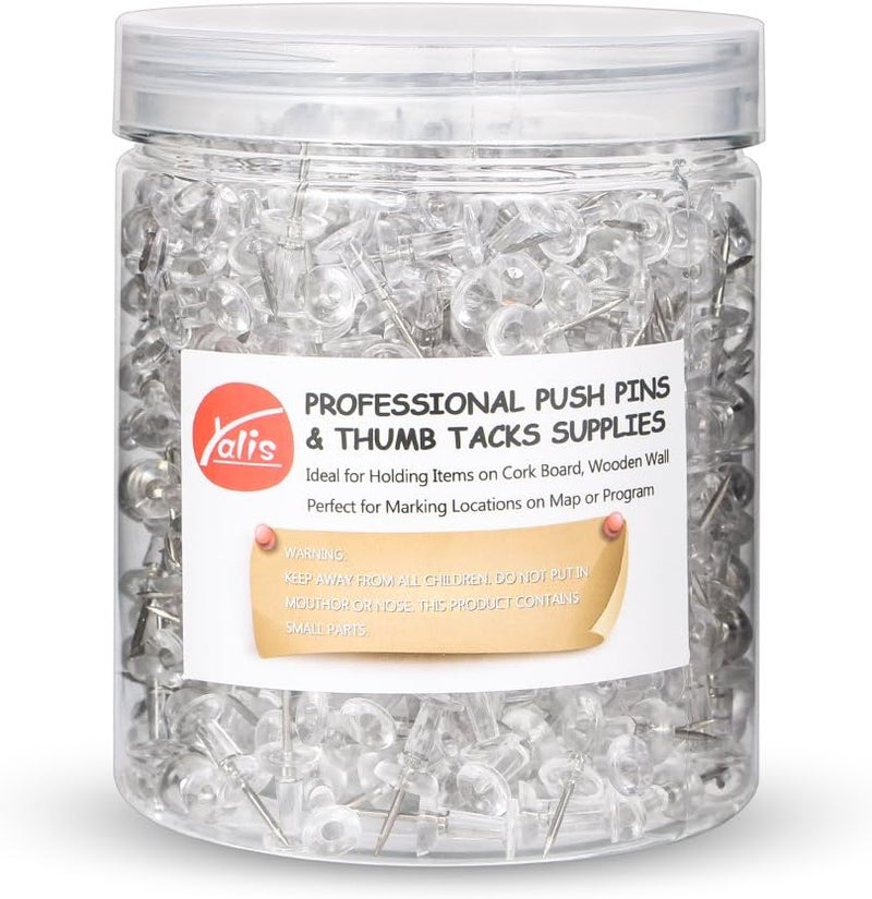 Yalis Push Pins 600 Count, Standard Clear Thumb Tacks Steel Point and Clear Plastic Head - Image 1