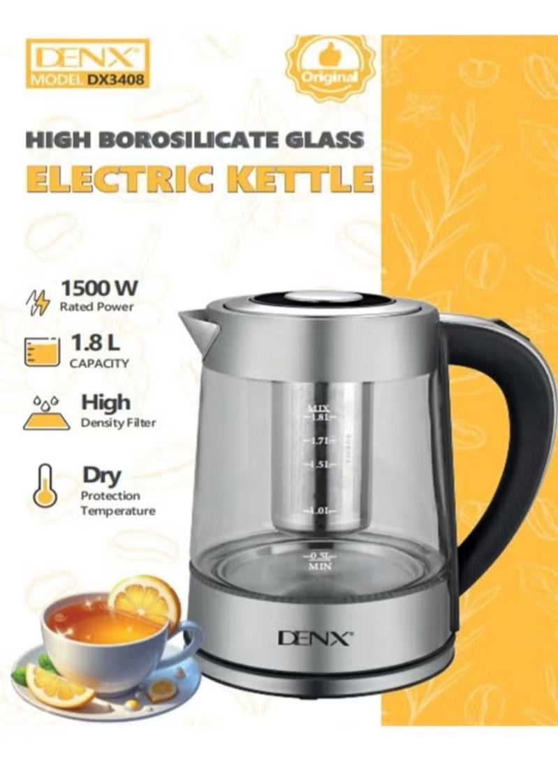 Denx 1.8L 1500W Glass Electric Kettle with Ocean Blue LED Light, Fast Boil, Auto Shut-Off & Boil-Dry Protection, DX3408 - Image 2