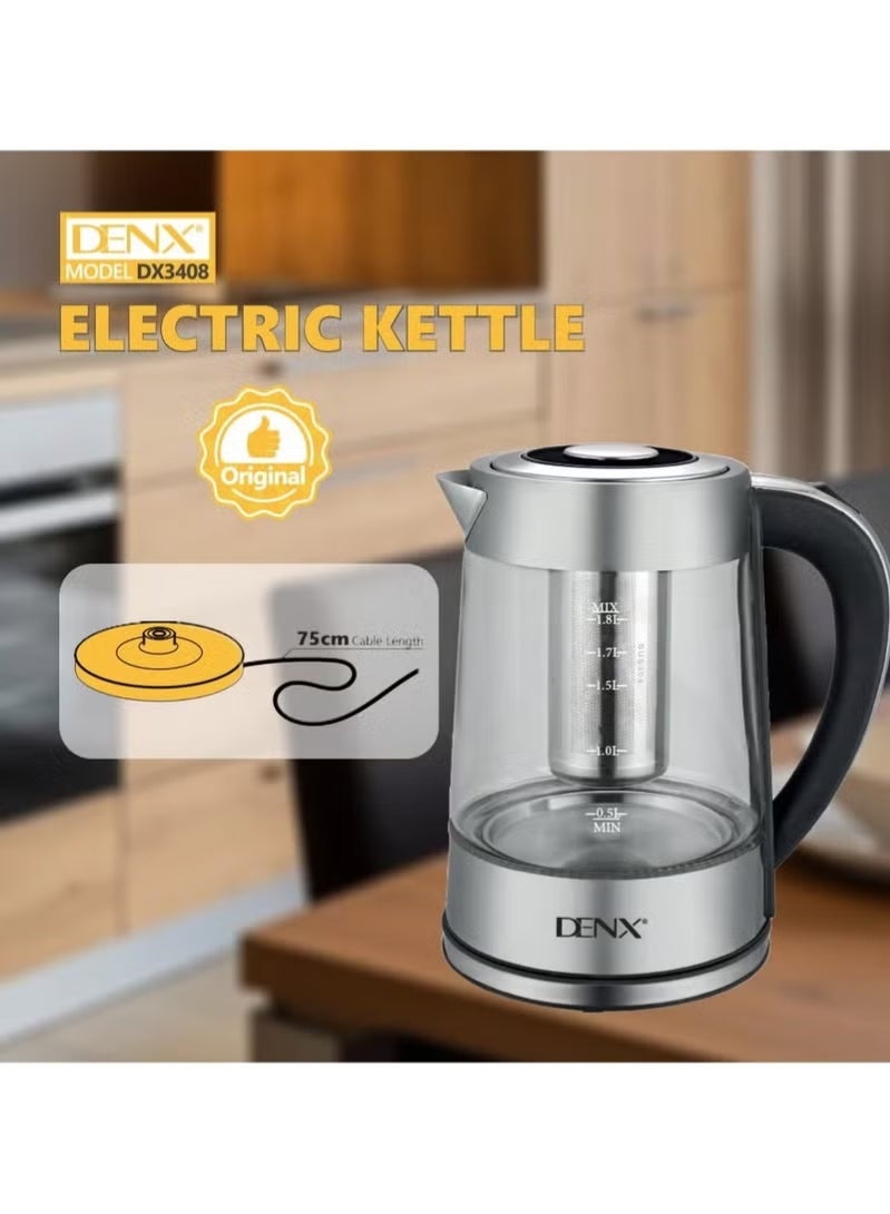 Denx 1.8L 1500W Glass Electric Kettle with Ocean Blue LED Light, Fast Boil, Auto Shut-Off & Boil-Dry Protection, DX3408 - Image 5