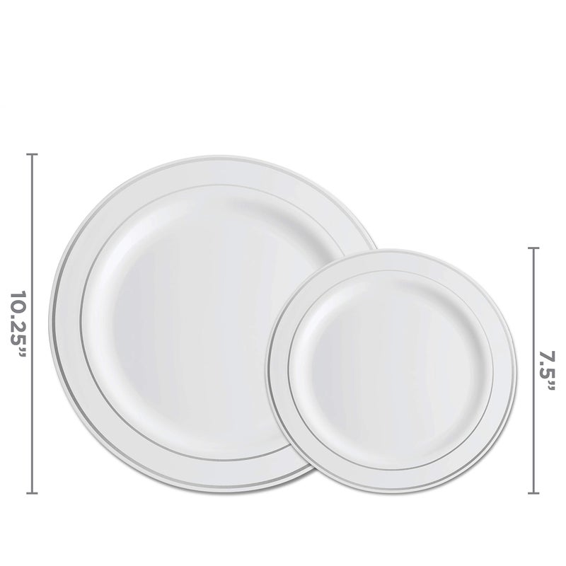 Munfix 100 Silver Plastic Plates Set  50 Pcs 10.25 Inch Plastic Dinner Plates and 50 Pcs 7.5 Inch Plastic Dessert Plates  Elegant Fancy Heavy Duty Disposable Plates for Party  Wedding  White with Silver Rim - Image 3