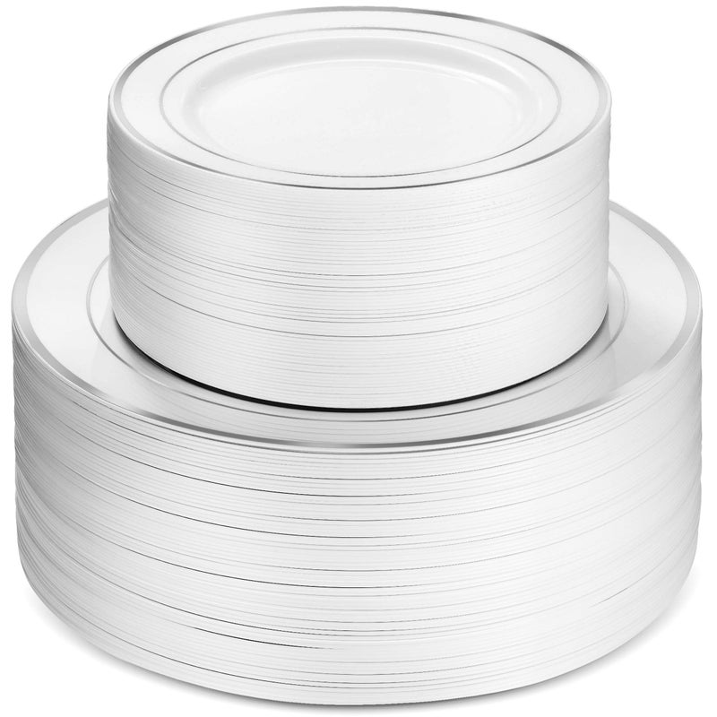 Munfix 100 Silver Plastic Plates Set  50 Pcs 10.25 Inch Plastic Dinner Plates and 50 Pcs 7.5 Inch Plastic Dessert Plates  Elegant Fancy Heavy Duty Disposable Plates for Party  Wedding  White with Silver Rim - Image 1