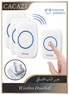 CACAZI Waterproof Wireless Doorbell with UK Plug, LED Flash, Over 1000 Feet Range, 60 Sounds and 5 Levels of Volume, Cordless Doorbell for Home, Office, Apartment, Hotel, Warehouse and Anti-Theft, White  - Image 1