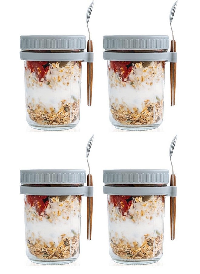 Ash & Roh Overnight Oats Containers with Lids and Spoons 350 ml Glass Mason Jars for Overnight Oats Leak Proof Oatmeal Container Great for Cereal Fruit Vegetable Milk Salad Yogurt (Grey 4) - Image 1