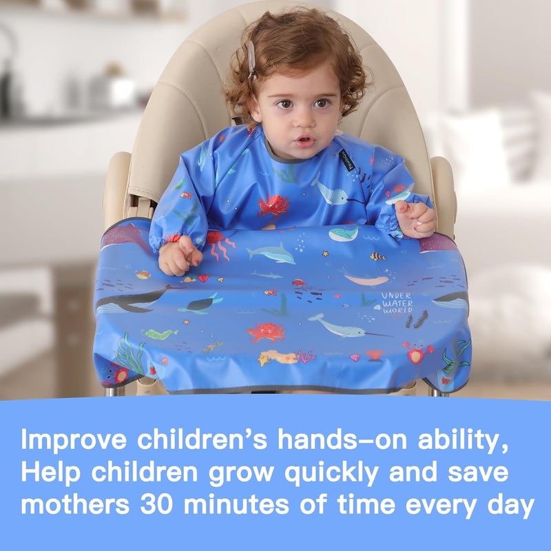 PewinGo Weaning Bib & BLW Attaches and Fully Cover to Baby Highchair, Long Sleeves Bib with Waterproof, Comfortable,Machine Washable, Suitable for Baby Infant -Blue - Image 3