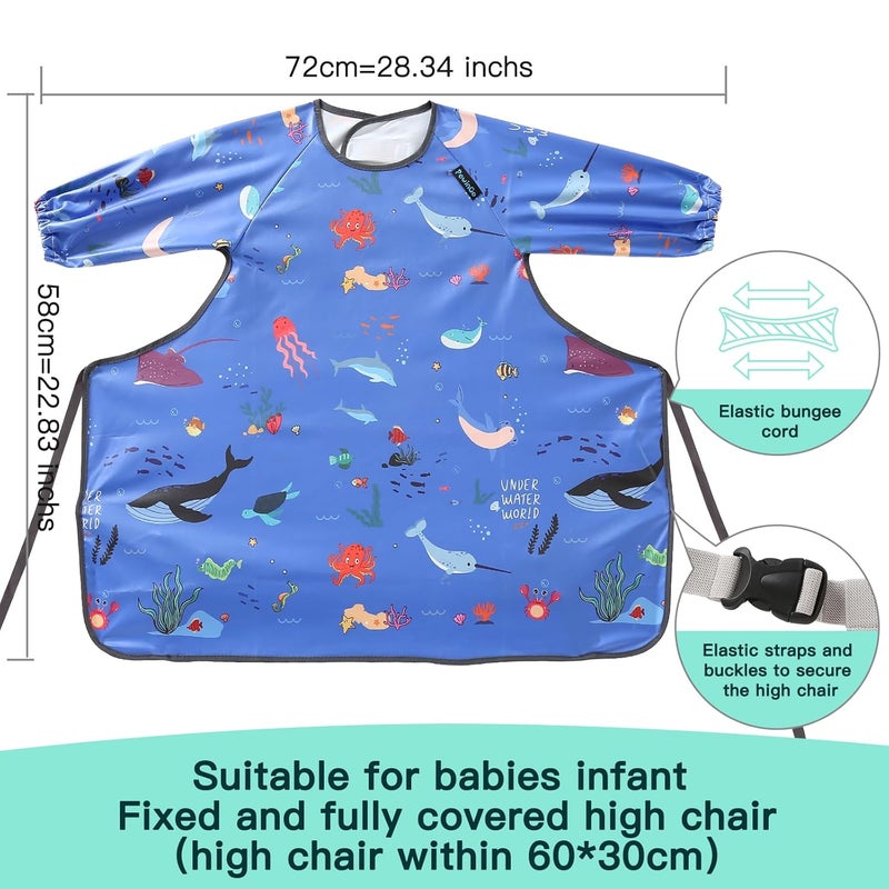 PewinGo Weaning Bib & BLW Attaches and Fully Cover to Baby Highchair, Long Sleeves Bib with Waterproof, Comfortable,Machine Washable, Suitable for Baby Infant -Blue - Image 4