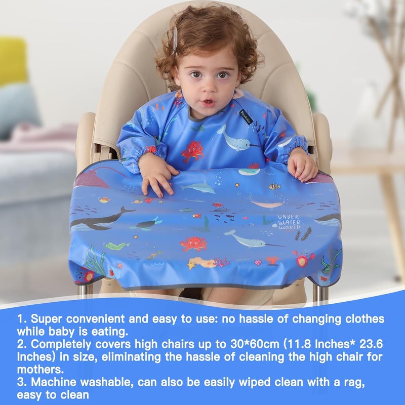 PewinGo Weaning Bib & BLW Attaches and Fully Cover to Baby Highchair, Long Sleeves Bib with Waterproof, Comfortable,Machine Washable, Suitable for Baby Infant -Blue - Image 2