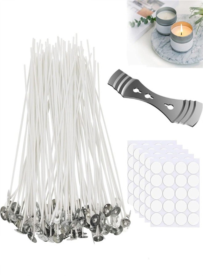 100 Pcs Cotton Candle Wicks (10cm) with 100 Pcs Wick Stickers and 1 Pcs Metal Candle Wick Holders, Candle Wicks for Pillar Candle Making and Candle DIY